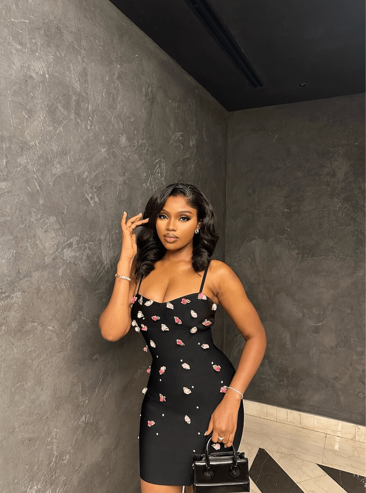 Eye - Catching Sleeveless Strappy Black Bodycon Bandage Dress with Pink Floral & Dot Spaghetti - Strap Sleeveless Nightclub Gown - Bandage city