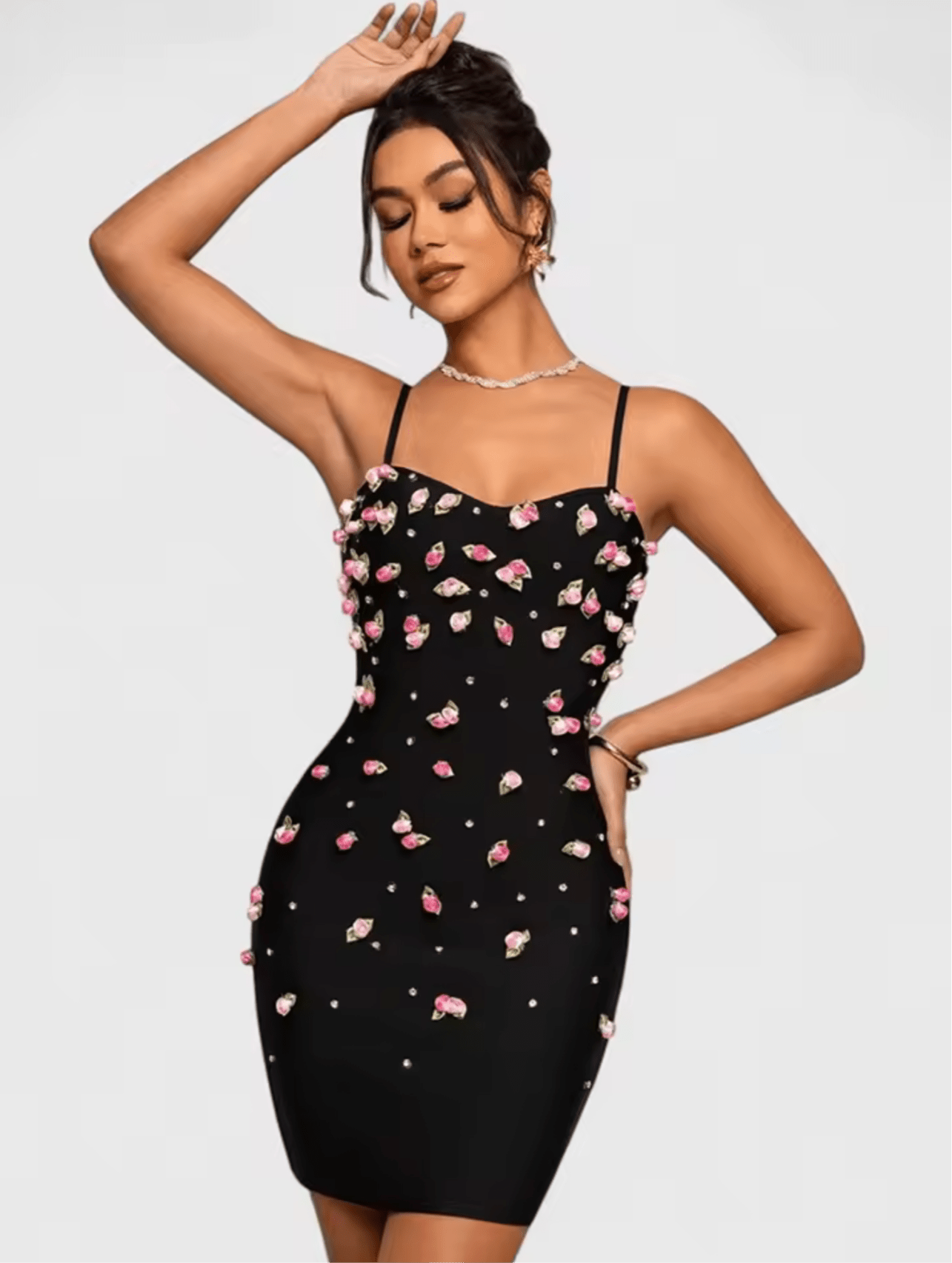 Eye - Catching Sleeveless Strappy Black Bodycon Bandage Dress with Pink Floral & Dot Spaghetti - Strap Sleeveless Nightclub Gown - Bandage city