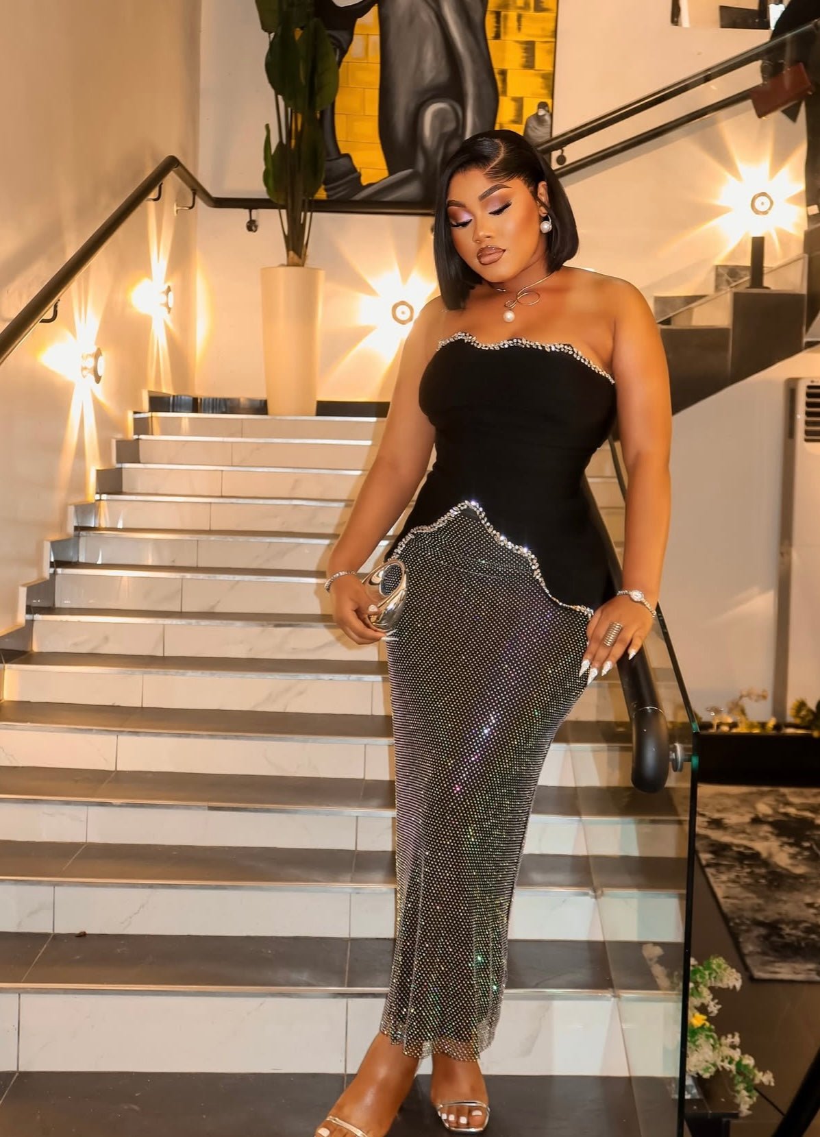 Rhinestone Strapless Crystal Two Piece Set Bandage Dress Photo Shoot Wear - Bandage city