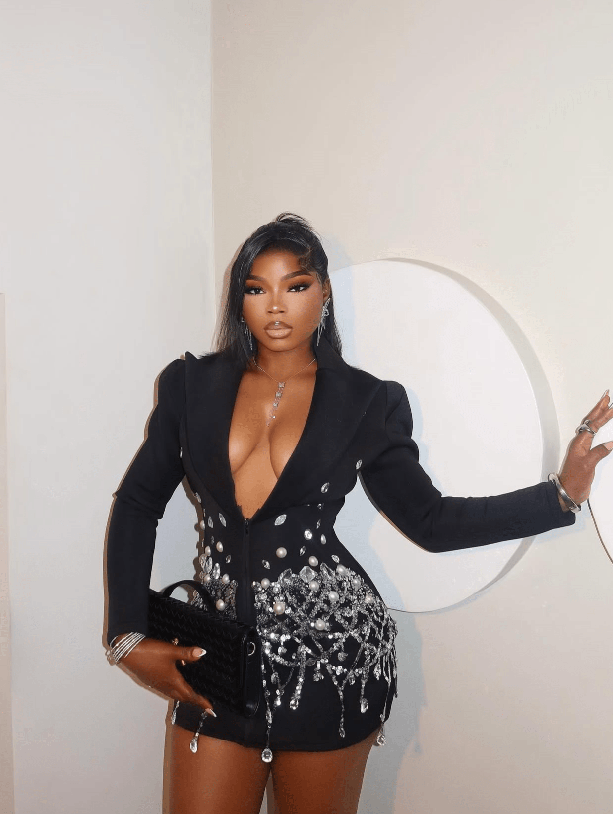 Sparkly Crystal Chains Pearls Long Sleeve Mini Dress Birthday - Bandage city